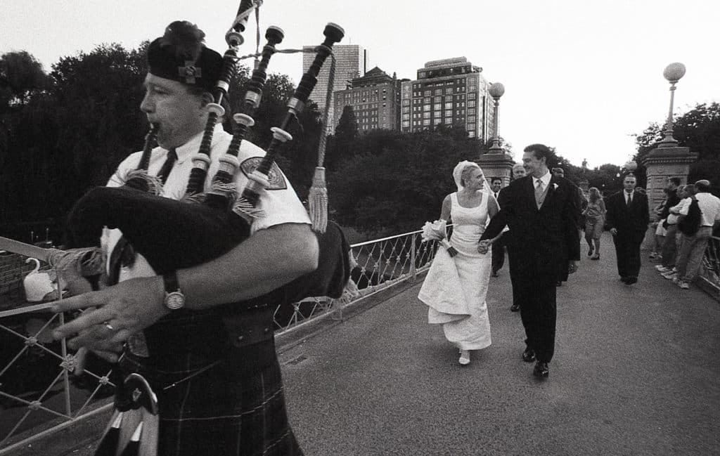 Boston Massachusetts wedding Wedding couple on the Boston Public Garden Footbridge