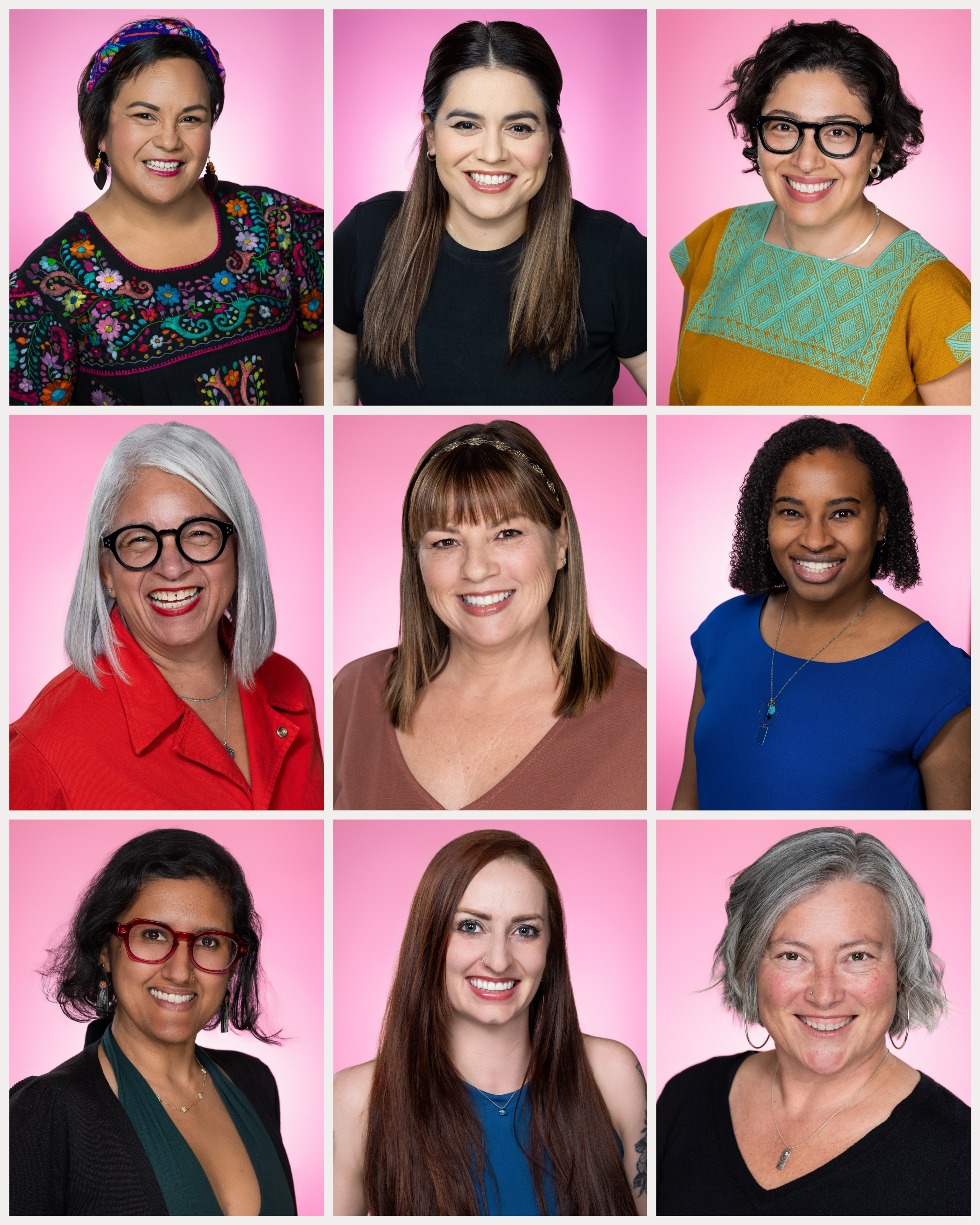 Headshots for a team of women against a bright pink backdrop