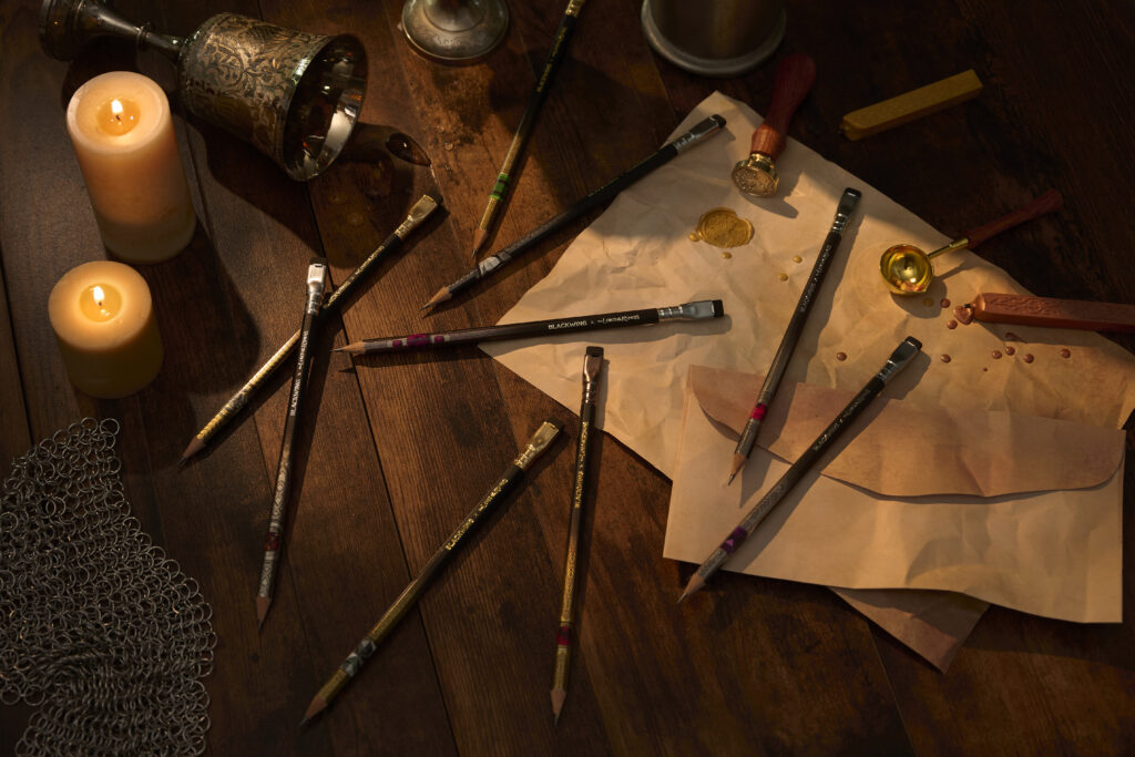 some of Blackwing's Lord of the Rings Great Rings pencils, artwork by Mike Hawthorne.